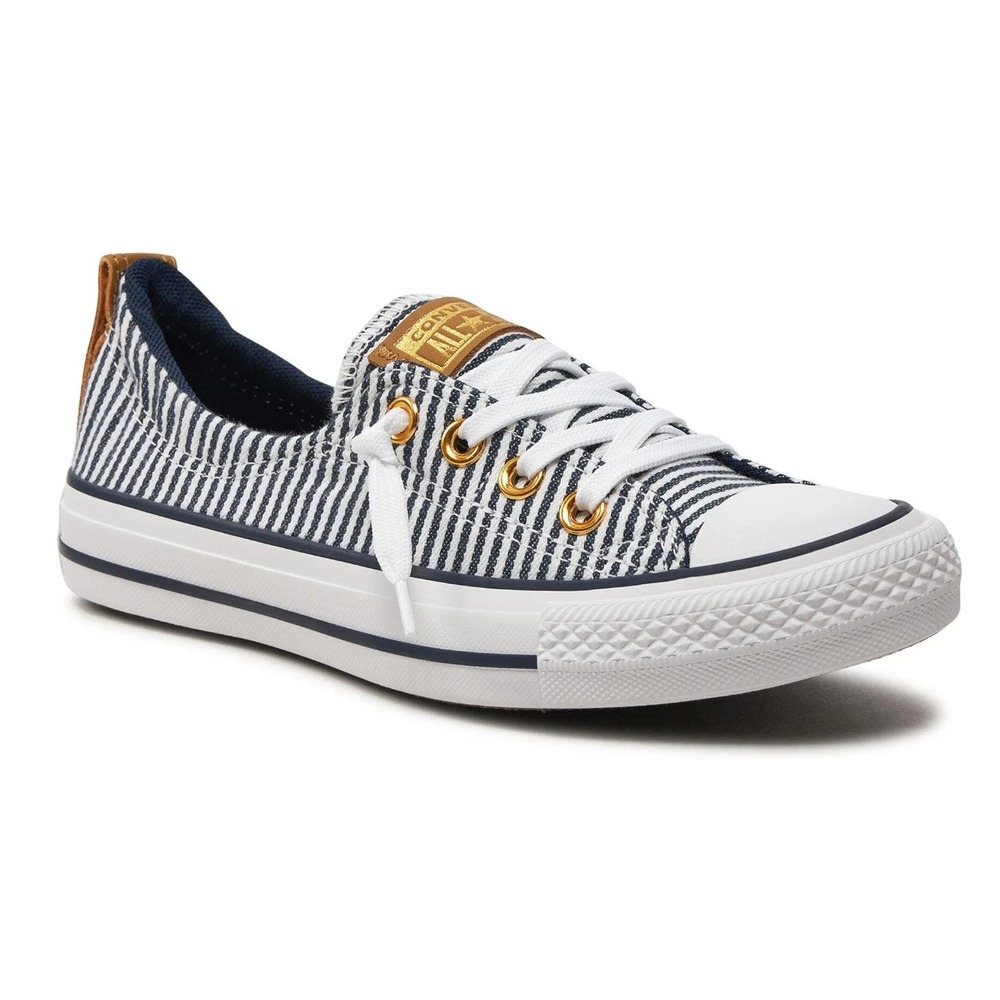 Converse Shoreline Slip On Sneakers Navy White Striped Gold Eyelets Leather Trim
